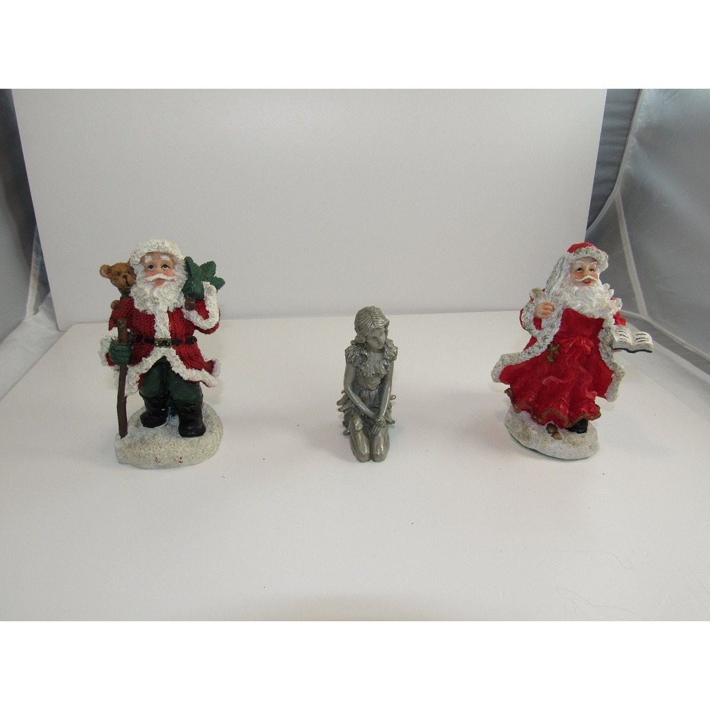Set of 3 Christmas Figurines Santa Claus and Kneeling Fairy Decor